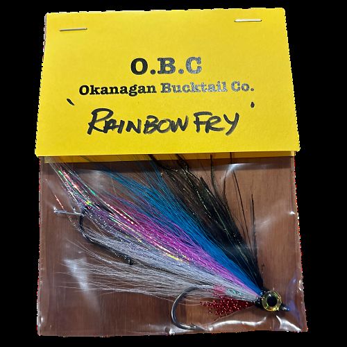 An O.B.C Rainbow Fry bucktail, hand-tied in West Kelowna