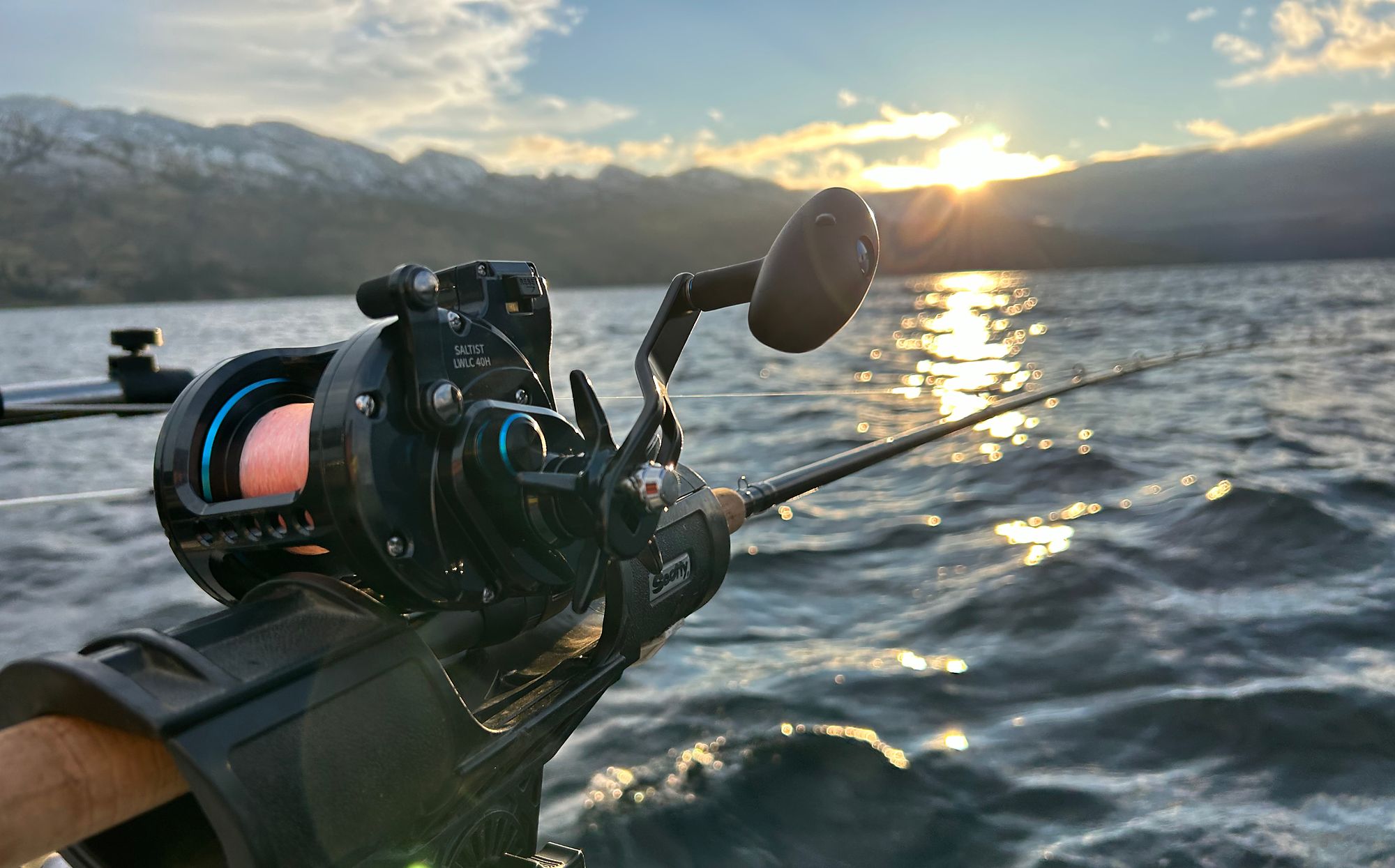 Trolling rod and reel at sunset on a south Okanagan lake